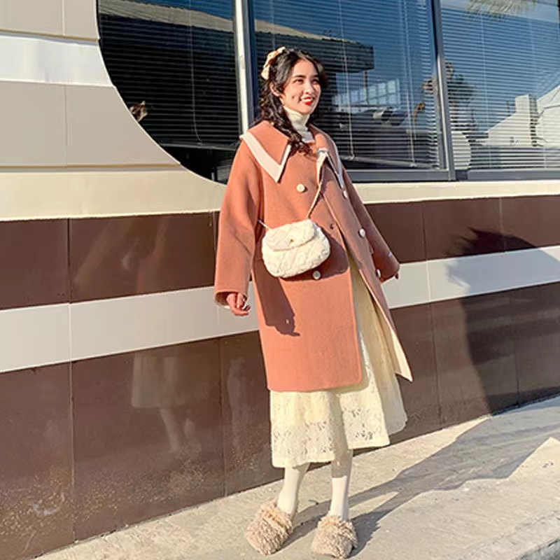 Double-breasted Hepburn style coat for women, autumn and winter new style British woolen coat for women, mid-length Korean style loose coat