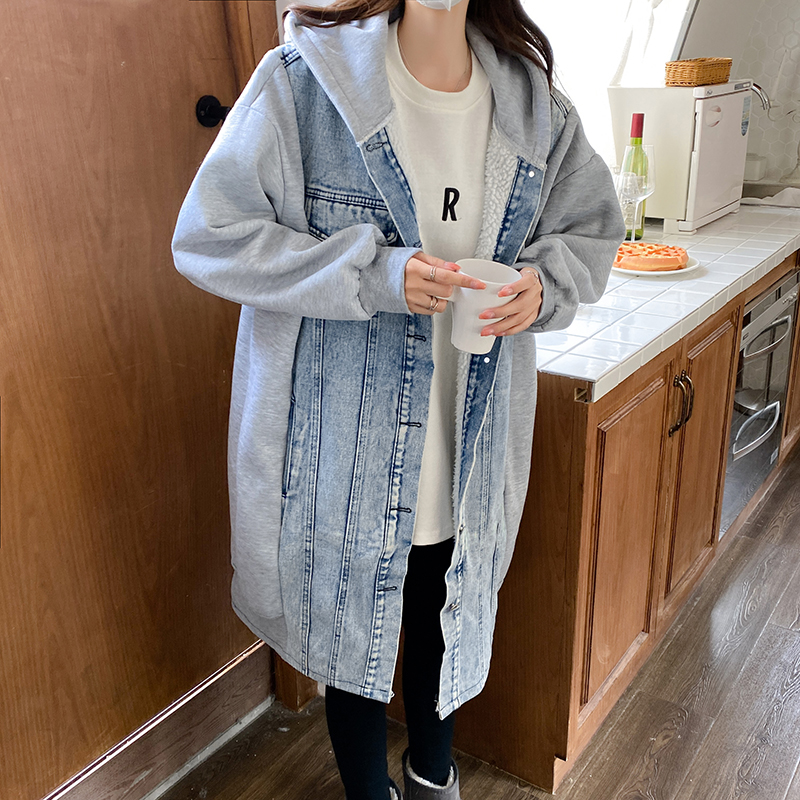Actual shot ~ Hooded denim lambswool coat for women, autumn and winter Korean style mid-length workwear plus velvet thickened windbreaker