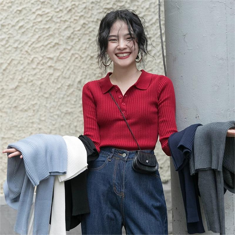Red soft waxy polo collar knitted bottoming shirt for women in autumn, small design, lazy style, slim fit inner top
