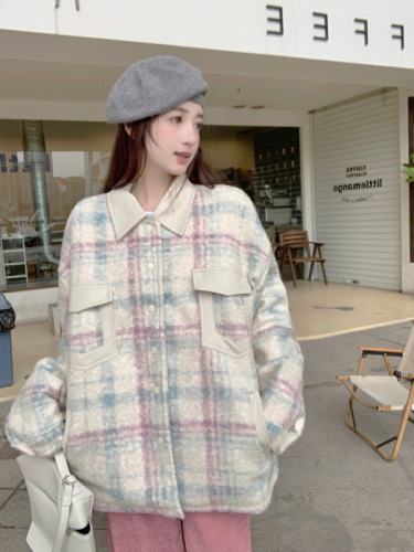 Real shot of autumn and winter  new double-layer inner plaid mid-length sweet and cool casual jacket coat top for women