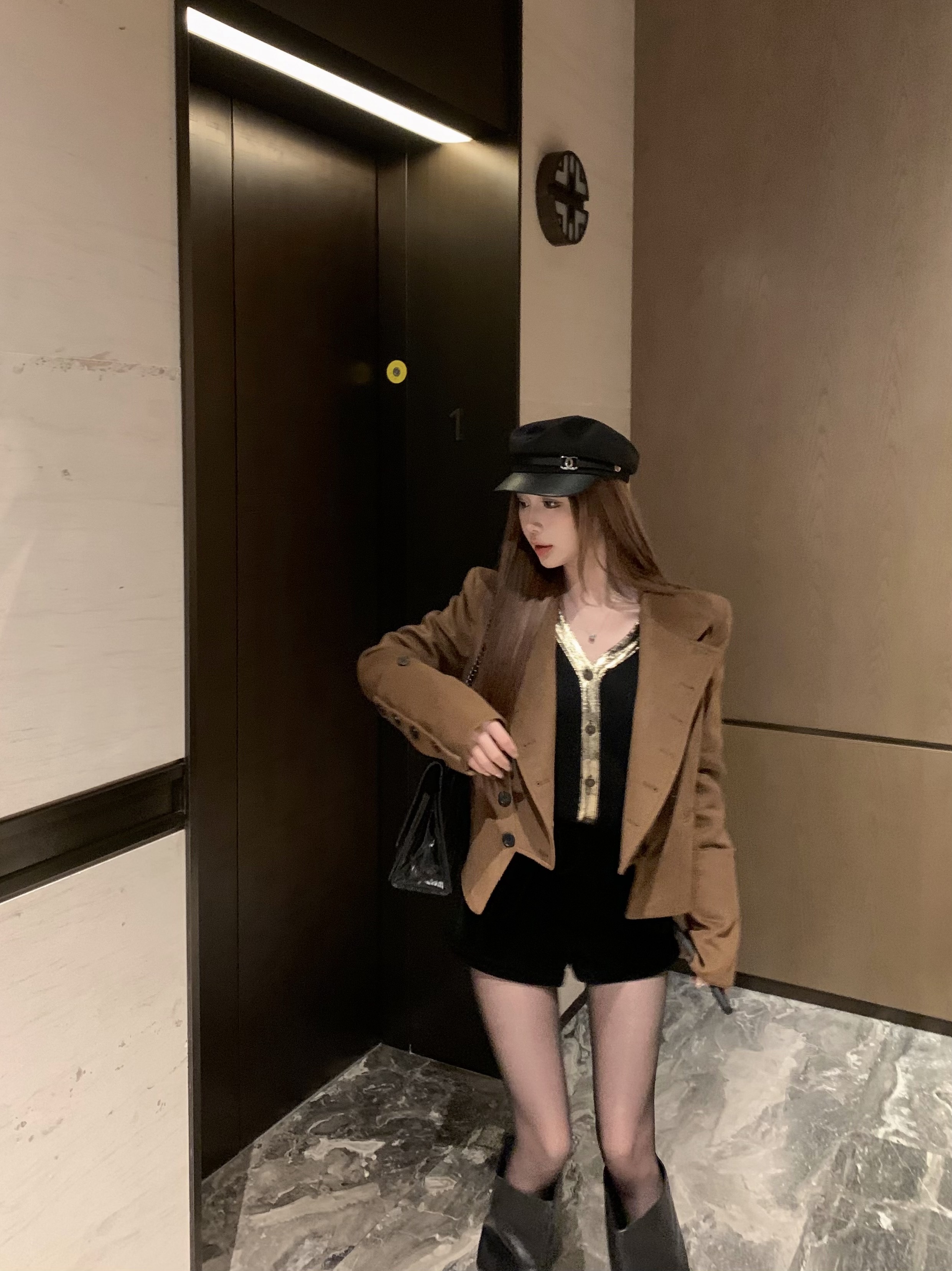 Actual shot of Chanson Maillard Waist Rider Woolen Jacket + Hot Gold Trimmed Knitted Top + Velvet Shorts