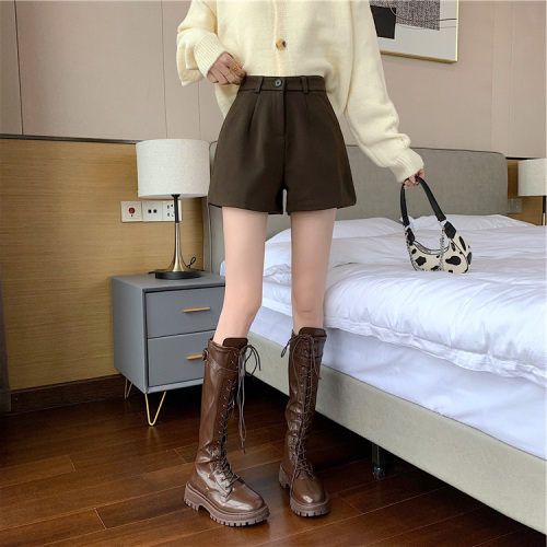 Brown woolen shorts for women in autumn and winter new outer boot pants slimming high waist wide leg casual a-line pants