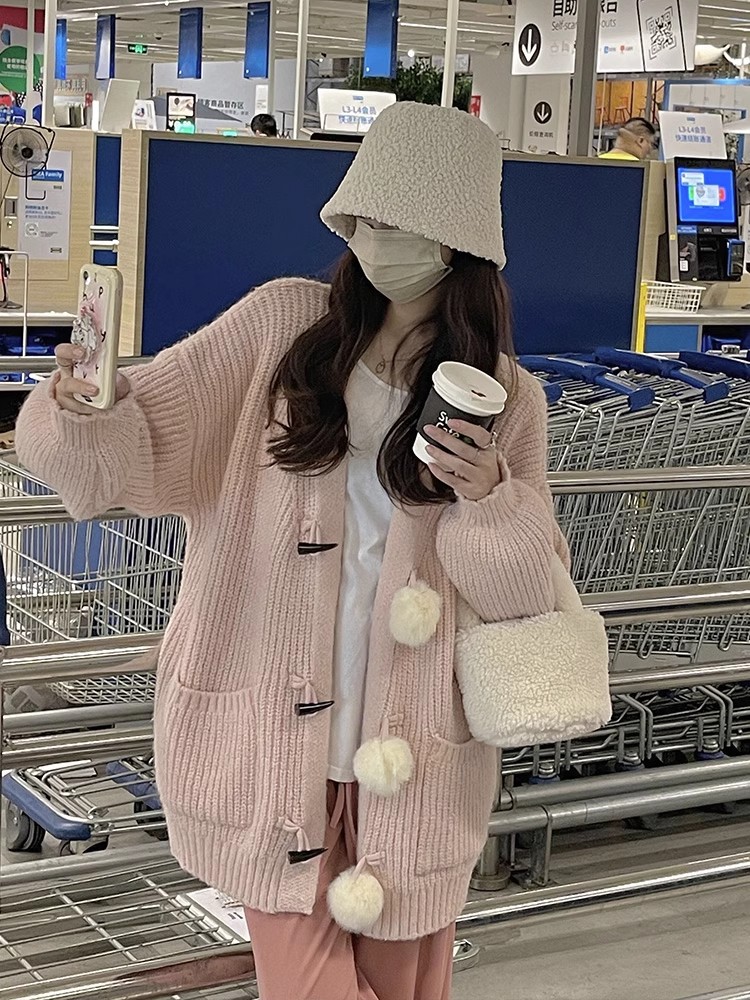 Rongirl horn button fur ball knitted cardigan sweater autumn and winter v-neck Korean style sweet loose lazy style women's jacket