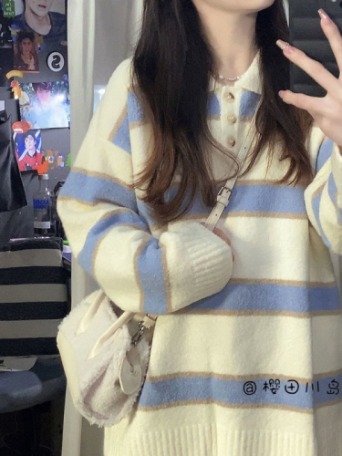  Korean style new design niche loose lazy style polo collar pullover striped knitted sweater for women