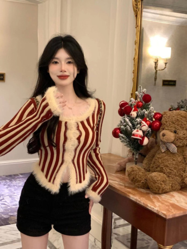 Real shot ~ American vertical striped knitted cardigan for women in autumn and winter new design plush top Christmas sweater