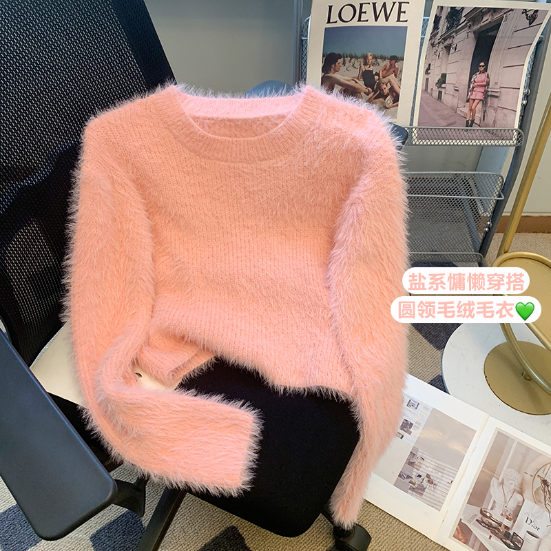 New winter imitation mink velvet short furry little top for women with gentle style high-end loose long-sleeved sweater