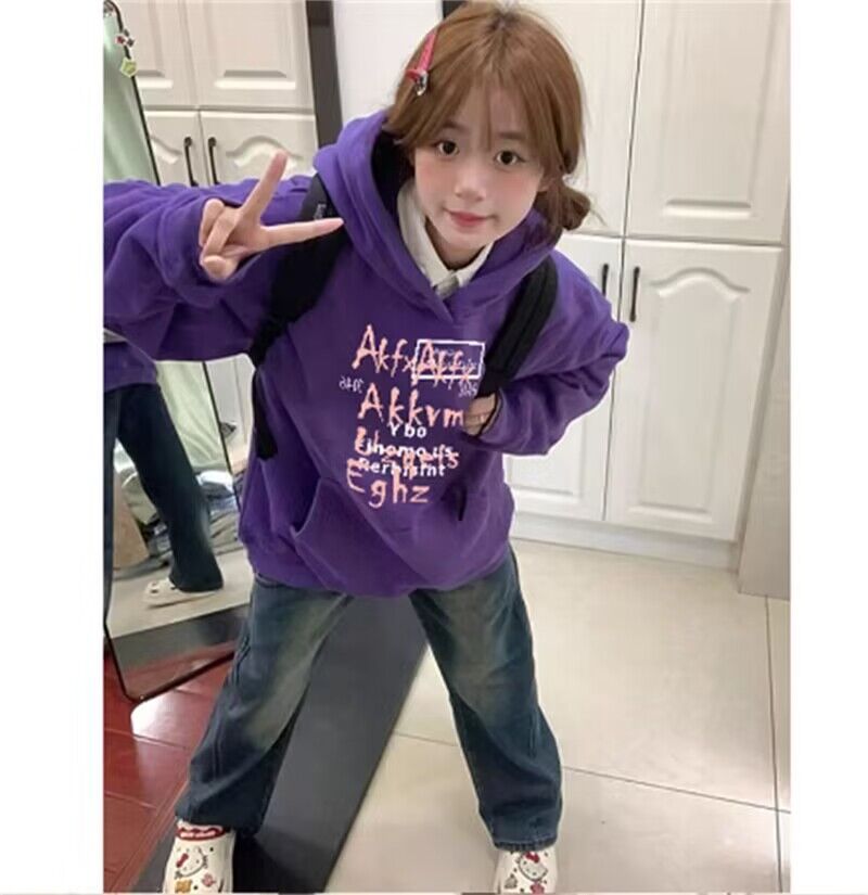 Autumn and winter American versatile purple hooded sweatshirt for women college style loose velvet thickened coat pocket outer top