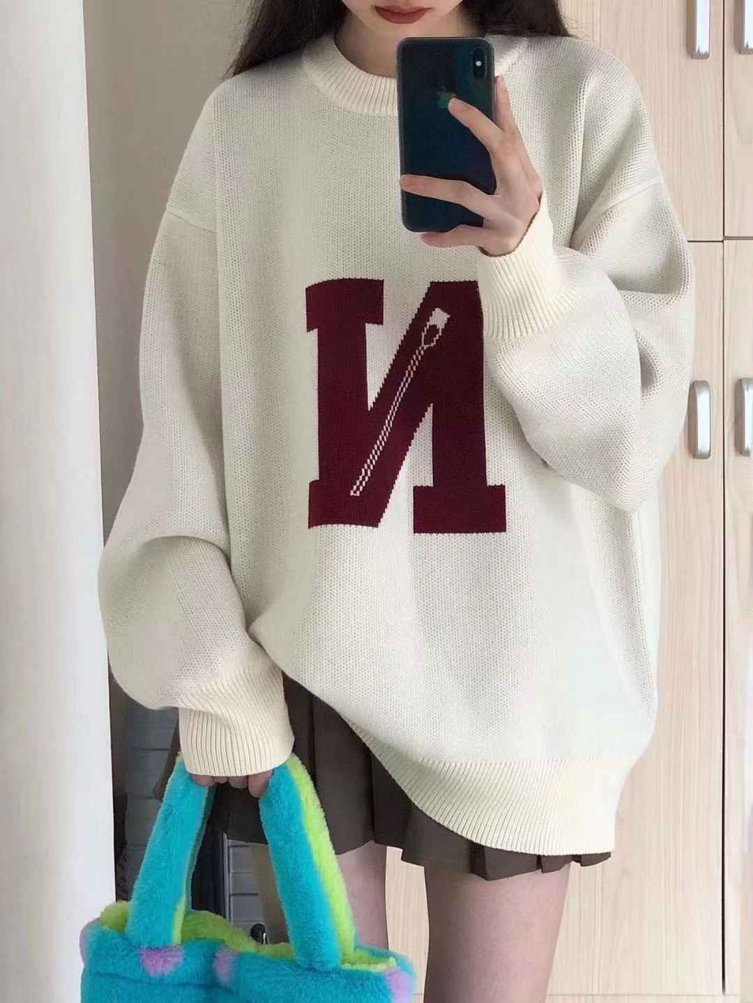 美式復古毛衣女慵懶風秋冬字母刺繡寬鬆針織衫oversize軟糯上衣潮