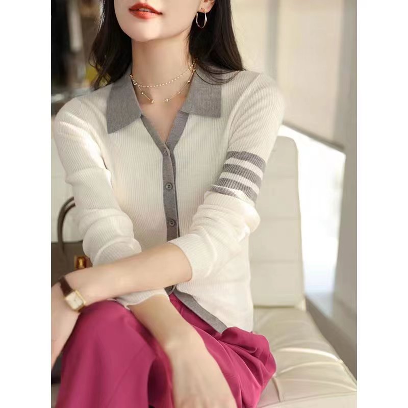 POLO collar gray wool knitted cardigan women's spring, autumn and winter new lapel striped thin coat slim bottoming shirt