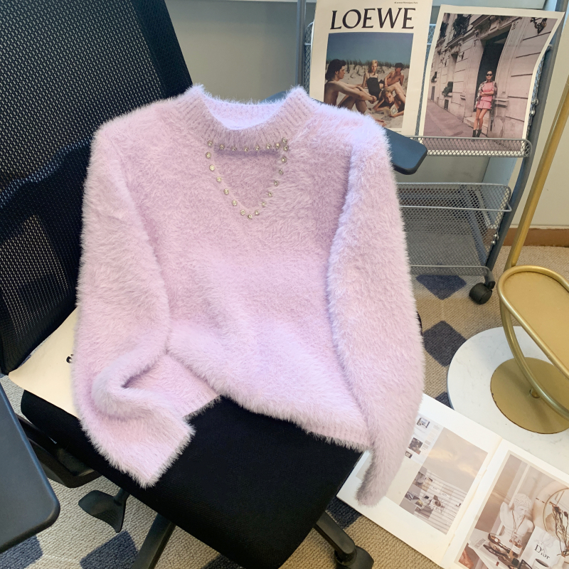 Little people wear outer sweaters in autumn for women. Pure lustful sweet girls diamond-encrusted hollow love short knitted long-sleeved bottoming shirt