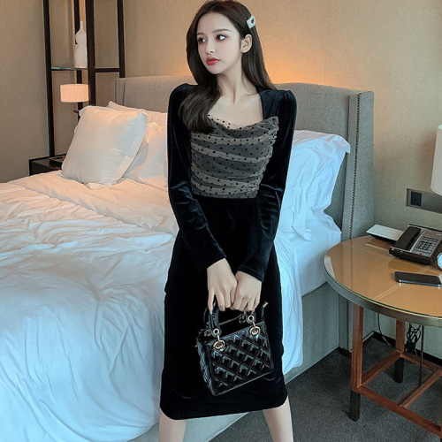 Socialite black velvet dress women's autumn and winter new square neck mesh polka dot bow waist-covering hip long skirt