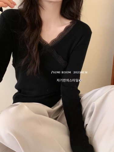 No pilling design, lace edge V-neck long-sleeved sweater for women, new autumn and winter versatile slim-fitting bottoming shirt