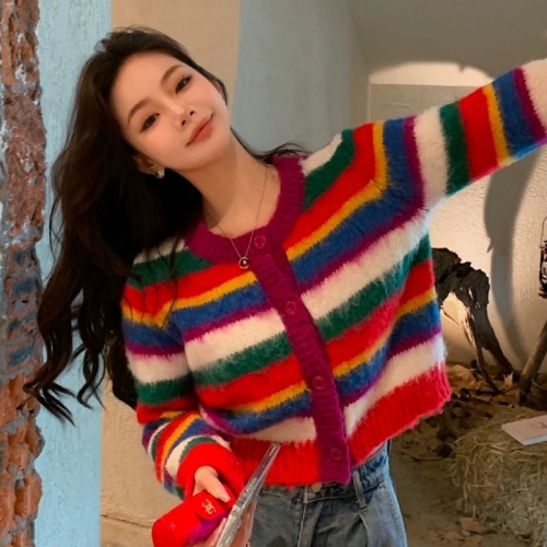 Autumn and winter new style lazy short striped mohair knitted cardigan women's design niche slimming sweater top