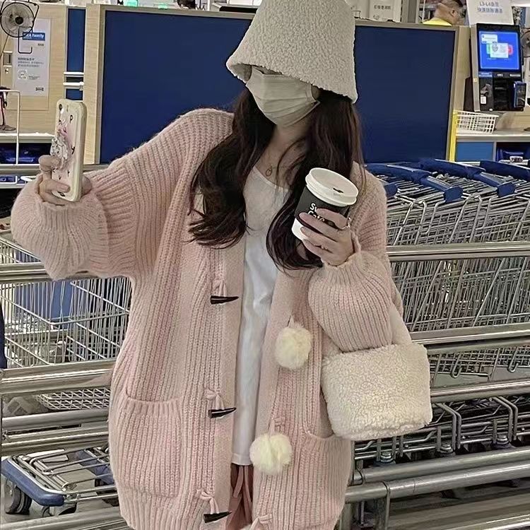 Horn button fur ball knitted cardigan sweater for women in autumn and winter v-neck Korean style sweet loose lazy style top jacket