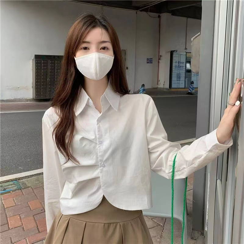 Korean style pleated long-sleeved shirt for women, chic niche design spring wear 2023 fashionable tops for little people
