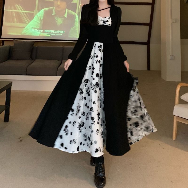 女秋冬季胖微妹妹長袖國風顯瘦拼接連衣裙遮肚子不規則赫本風長裙