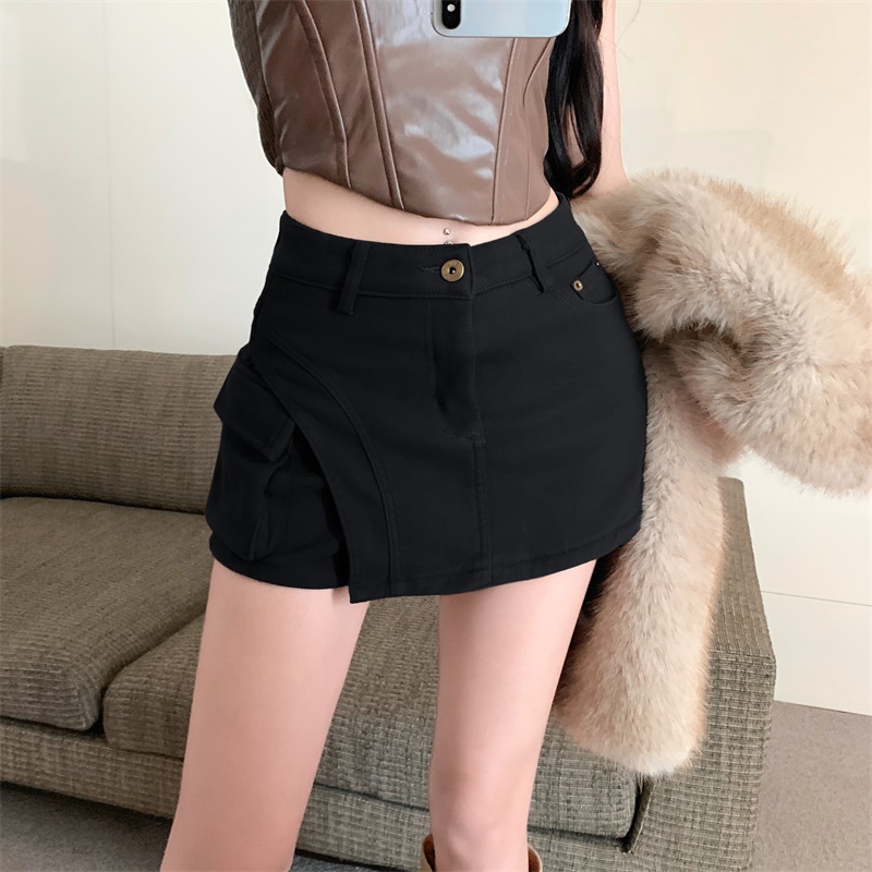 Real shot of autumn and winter velvet hot girl sweet and cool high-waisted short skirt anti-exposure workwear skirt