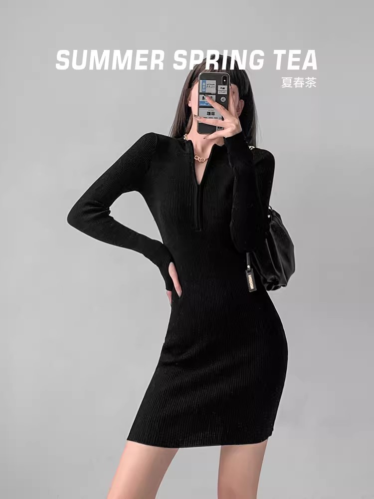 Summer Spring Tea Sexy Knitted Bottoming Dress Women's 2023 Autumn and Winter New Design Niche Hip Skirt Sweater Dress