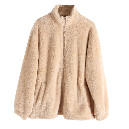 Double-sided plush winter warm loose plush stand collar zipper jacket sweater top