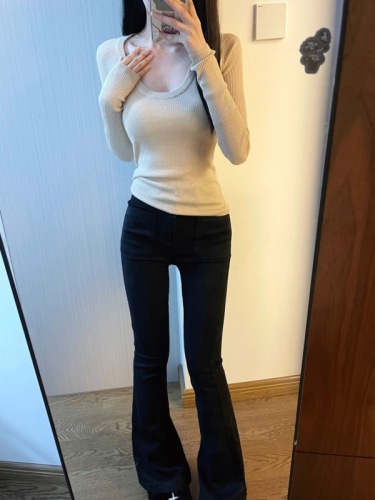 Slim-fitting U-neck knitted bottoming shirt for women in autumn and winter  new pure desire slightly see-through inner top hot girl long-sleeved T-shirt