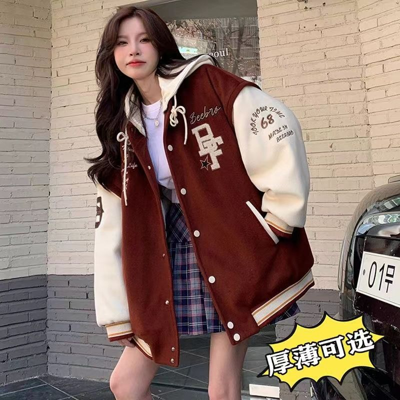 American retro baseball uniform jacket for women autumn and winter cotton thickened student loose hooded versatile embroidered jacket