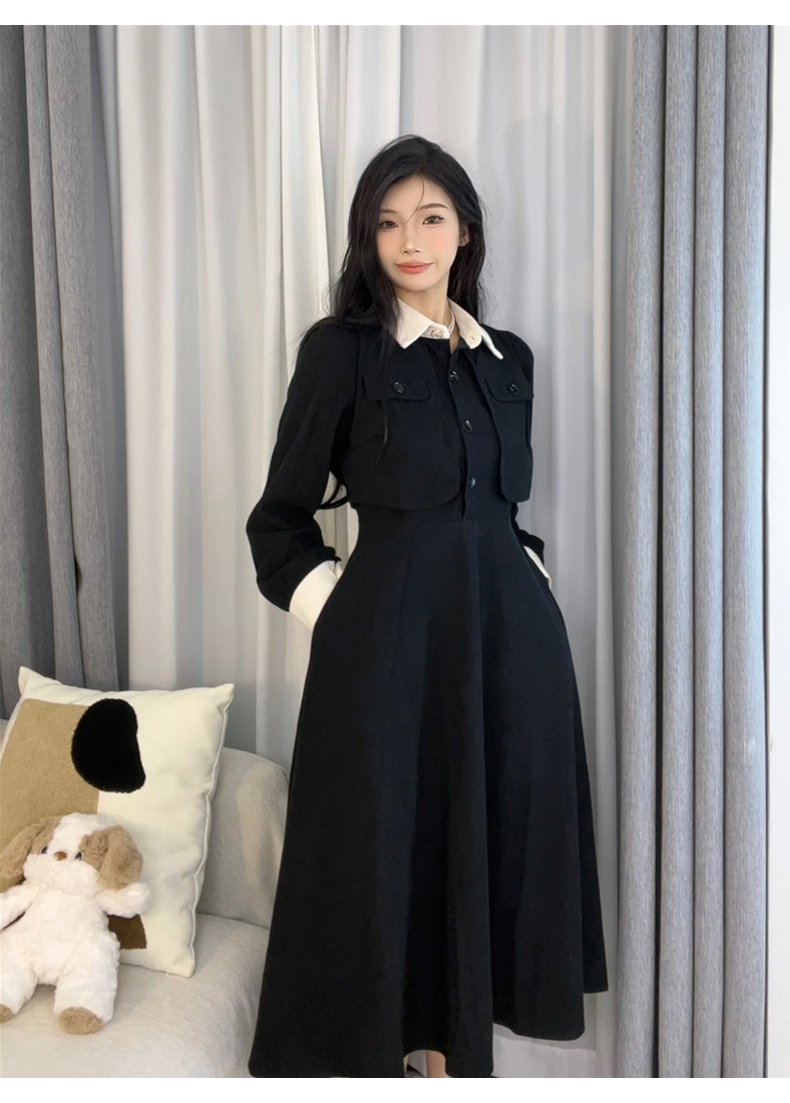 Corduroy autumn and winter new style small black fake two-piece dress French style small fragrant Hepburn waist long skirt
