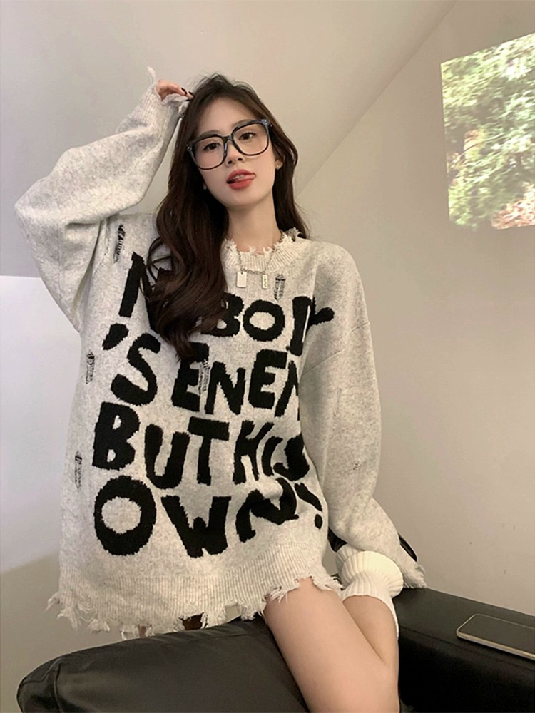 American style ripped sweater for women autumn and winter 2023 new design letter loose mid-length long-sleeved knitted top trendy