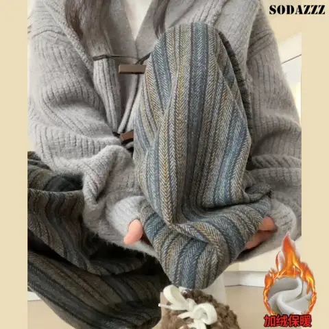 Maillard Vertical Striped Wide Leg Pants Women's Autumn and Winter Velvet High Waist Casual Large Size Drape Lazy Floor-Mopping Pants