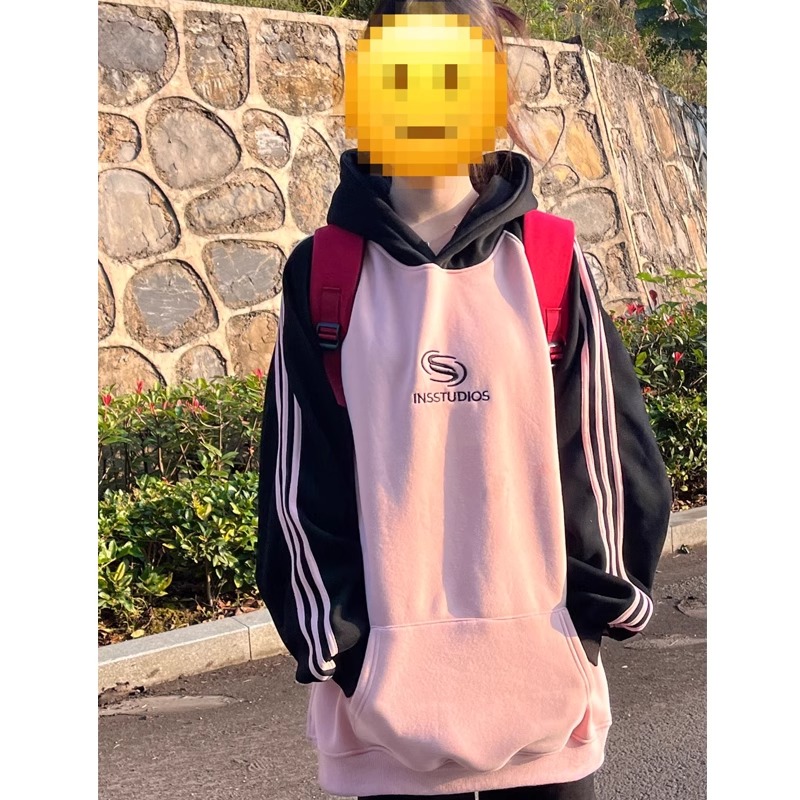 Imitation cotton composite silver fox velvet contrasting raglan embroidered stripes plus velvet thickened hooded sweatshirt for women