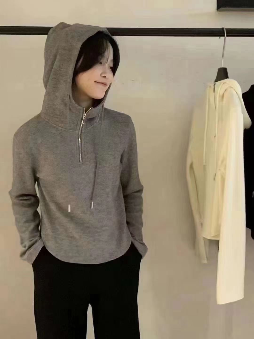 Hooded sweatshirt half-zip 2023 autumn and winter new design casual and versatile thickened cashmere sweatshirt for women