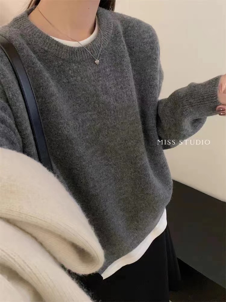 2023 autumn and winter new style lazy style pullover sweater for women soft and waxy loose versatile versatile high-end gray long-sleeved sweater