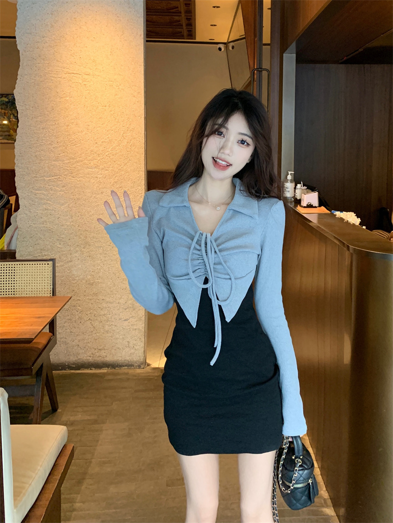 甜辣溫柔風假兩件長袖連衣裙女早秋設計感小眾辣妹性感包臀裙短裙