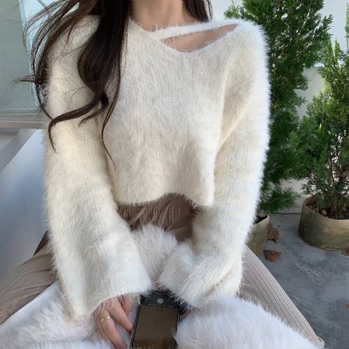 Imitation mink sweater women's autumn and winter new high-end design short chic long-sleeved knitted top