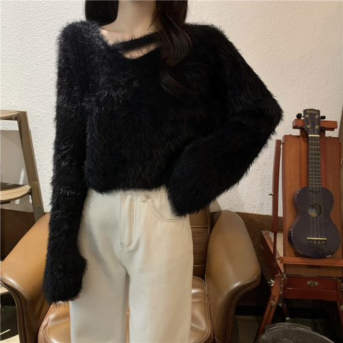 Imitation mink sweater women's autumn and winter new high-end design short chic long-sleeved knitted top