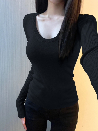 Slim-fitting U-neck knitted bottoming shirt for women in autumn and winter  new pure desire slightly see-through inner top hot girl long-sleeved T-shirt