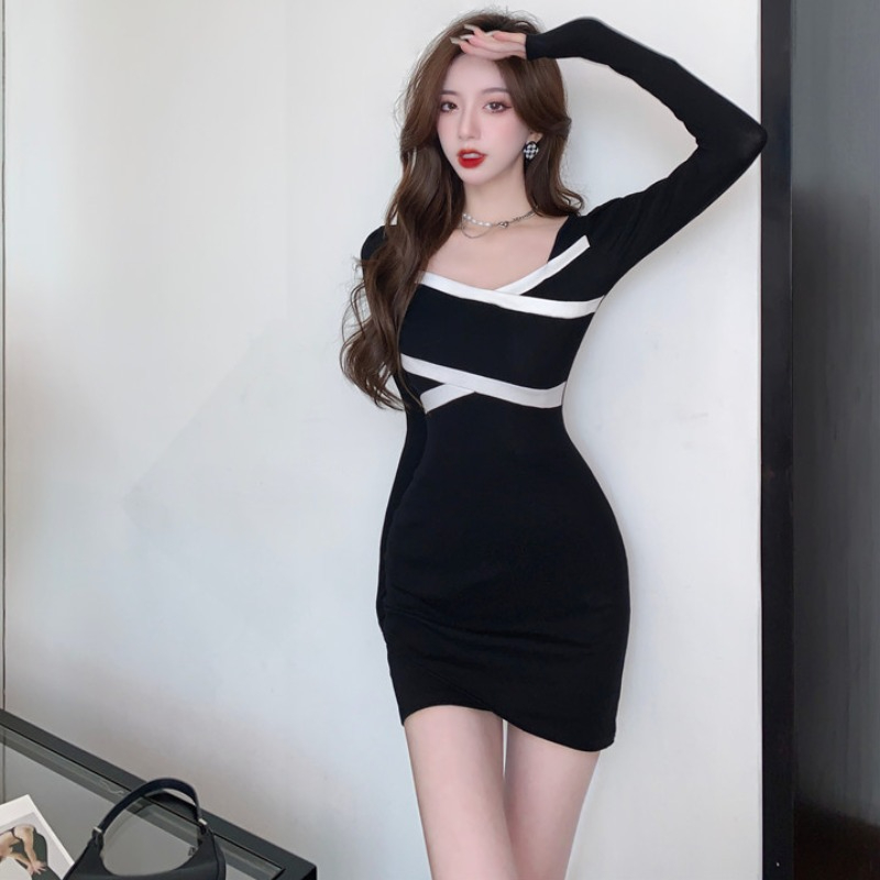 辣妹裝性感長袖連衣裙夏季女2023新款設計感拼色氣質修身包臀短裙