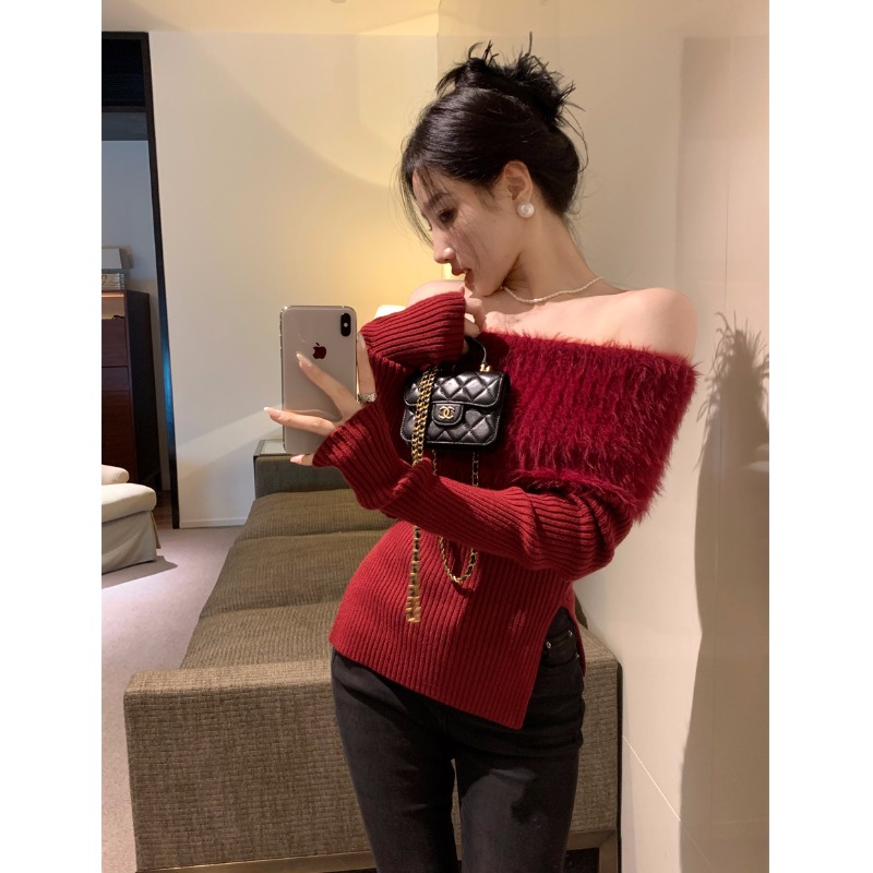Christmas and New Year red mink velvet sweater for women in autumn and winter pure lust hot girl one-shoulder top soft waxy sweater jacket