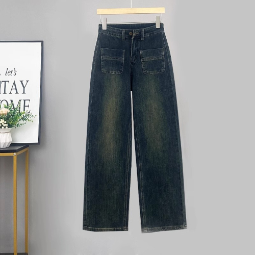 Retro high-waisted straight-leg jeans for women in autumn, new design, loose, slimming and versatile wide-leg pants, trendy