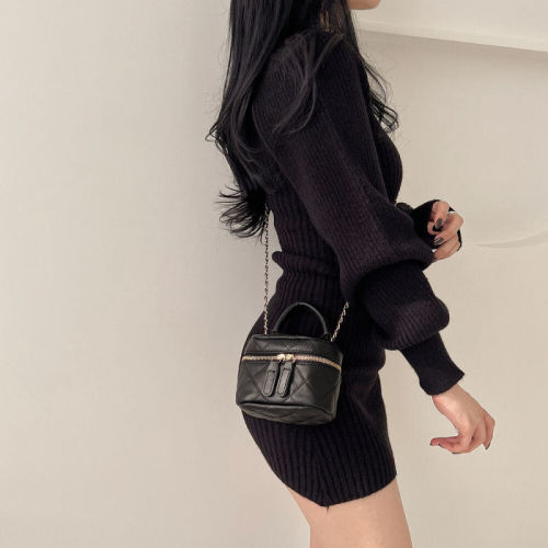 Actual shot Korean style sweater dress mid-length solid color square neck lantern sleeve pullover slim fit knitted sweater dress