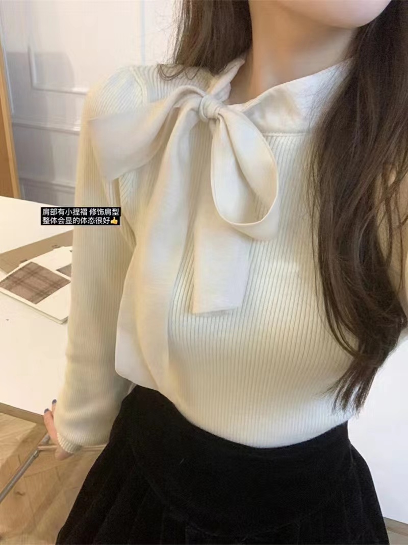 2023 Autumn and Winter Korean Style Slim Bow Long Sleeve Scarf Collar Sweater Women's Bottoming Top Gentle Style