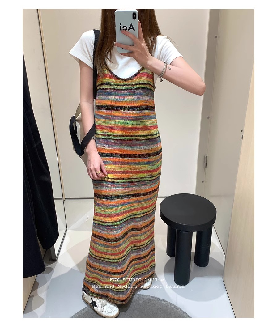 FCY studio rainbow striped knitted suspender skirt 2023 spring and autumn retro holiday style design dress