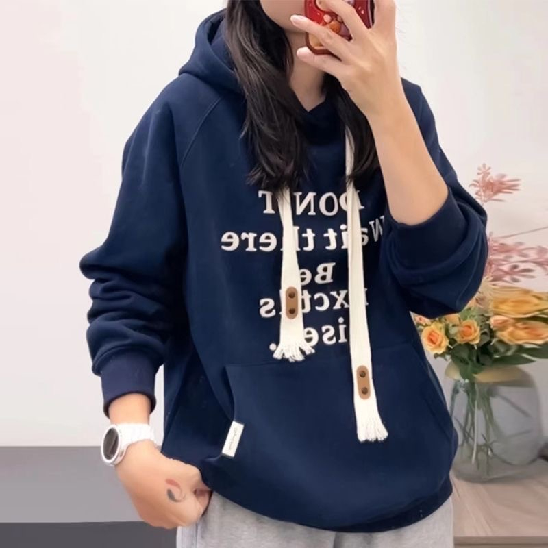 北極絨保暖衛衣女秋冬季新款韓版休閒寬鬆字母加絨加厚連帽外套潮