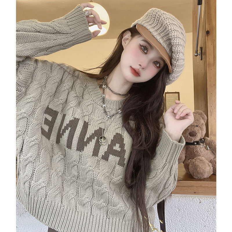 High quality 2023 new winter long-sleeved pullover sweater lazy letter loose twist sweater for women