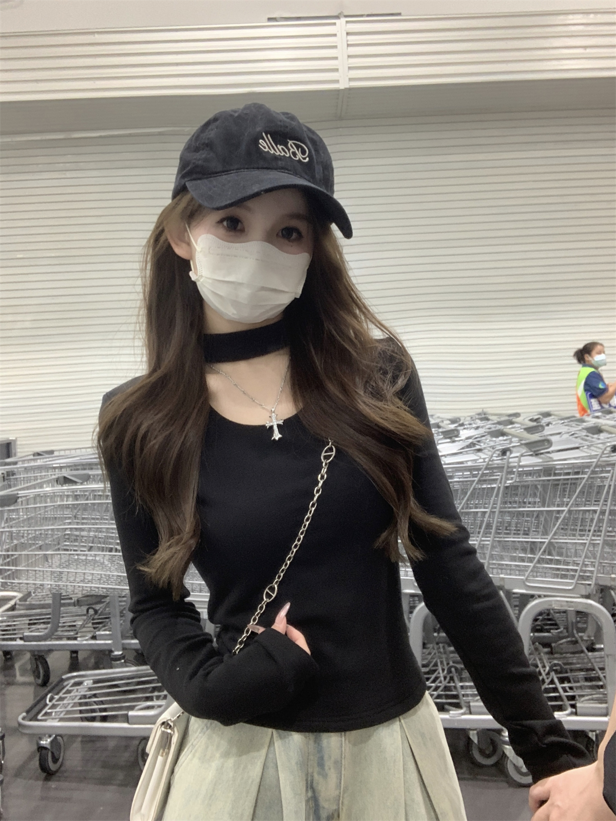Actual shot of autumn and winter Korean style slim-fitting hollow halterneck slim design German velvet inner long-sleeved T-shirt women's top