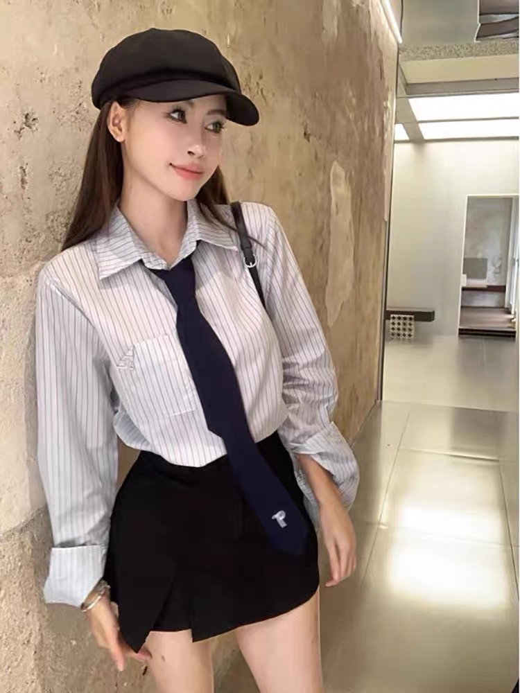 College style suit women's striped long-sleeved shirt top spring and autumn new style hip-hugging skirt two-piece set for age reduction