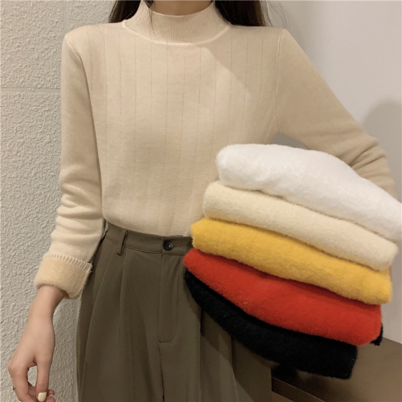 Actual shot~ Warm all-in-one mink fur thickened and velvet half turtleneck sweater bottoming long-sleeved sweater for women