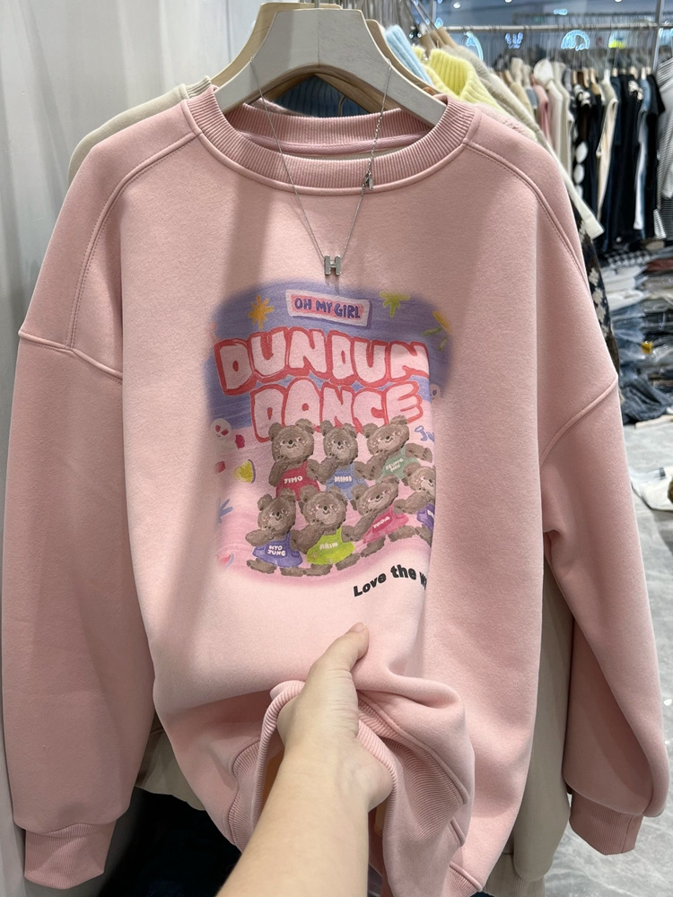 Bear velvet sweatshirt for women new Korean style lazy style loose cartoon thickened autumn and winter pullover round neck top