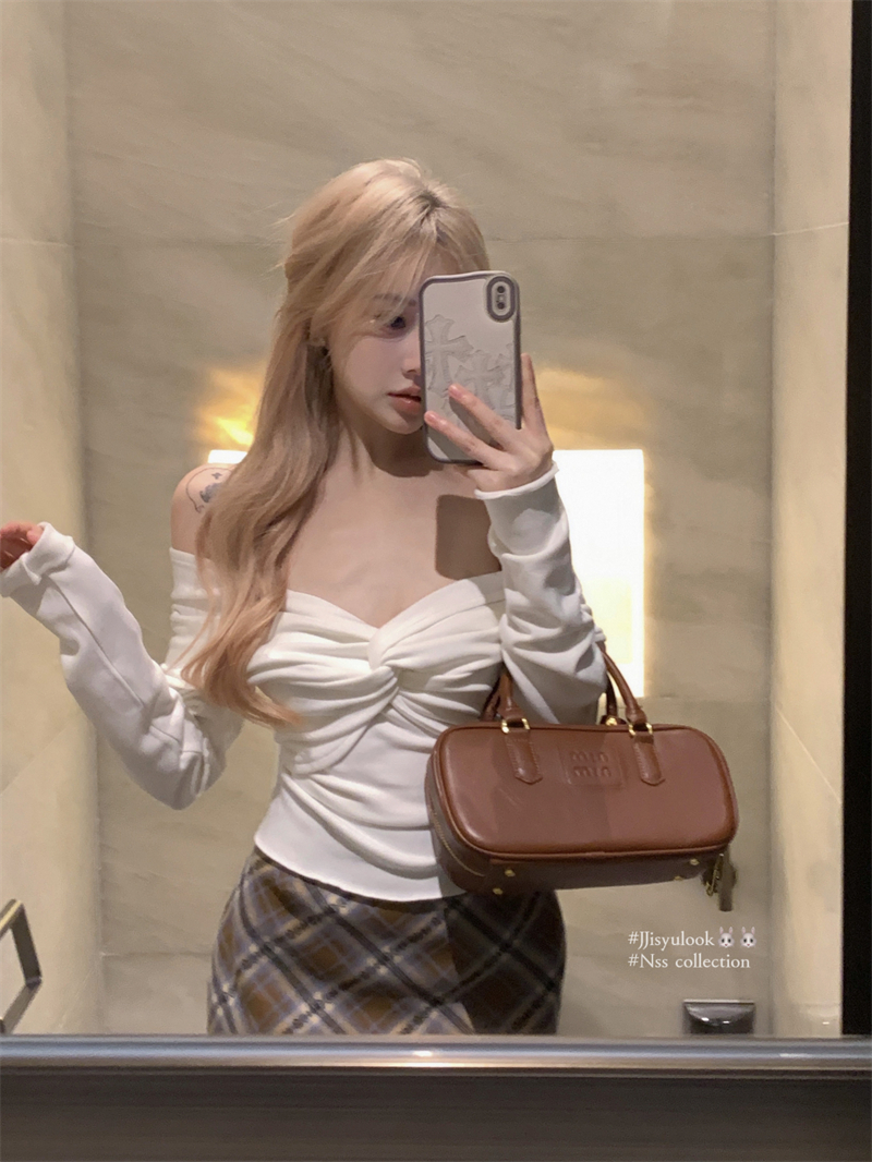 Real shot 2023 autumn and winter bottoming bow fleece top versatile warm top long-sleeved T-shirt