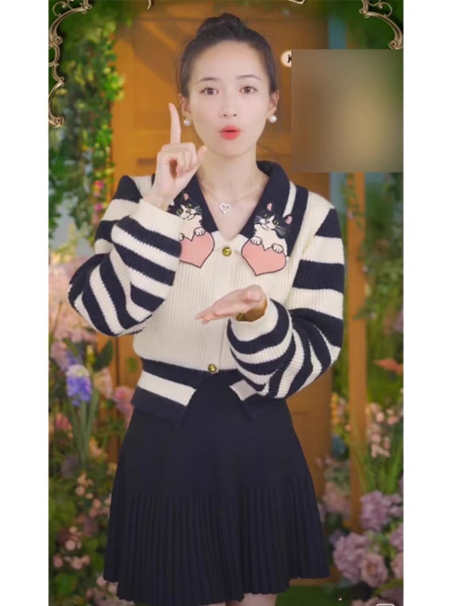 秋冬條紋可愛毛衣針織開衫撞色秋季洋氣小香風黑白減齡上衣女