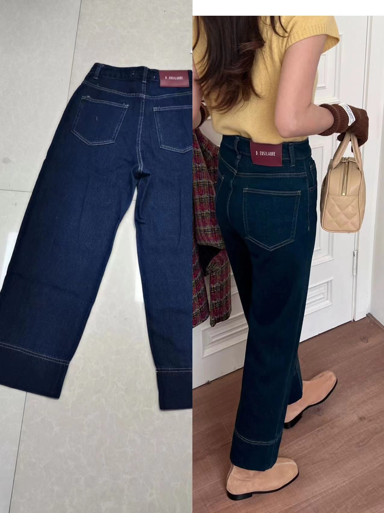 European jeans women's winter thickened velvet wide-leg pants dark blue high-waisted loose drape straight nine-point pants